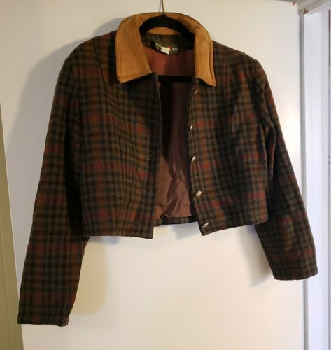 Vintage Outback Red Vintage Wool Bolero Jacket Plaid Leather Collar Ladies Size8 - Picture 3 of 9