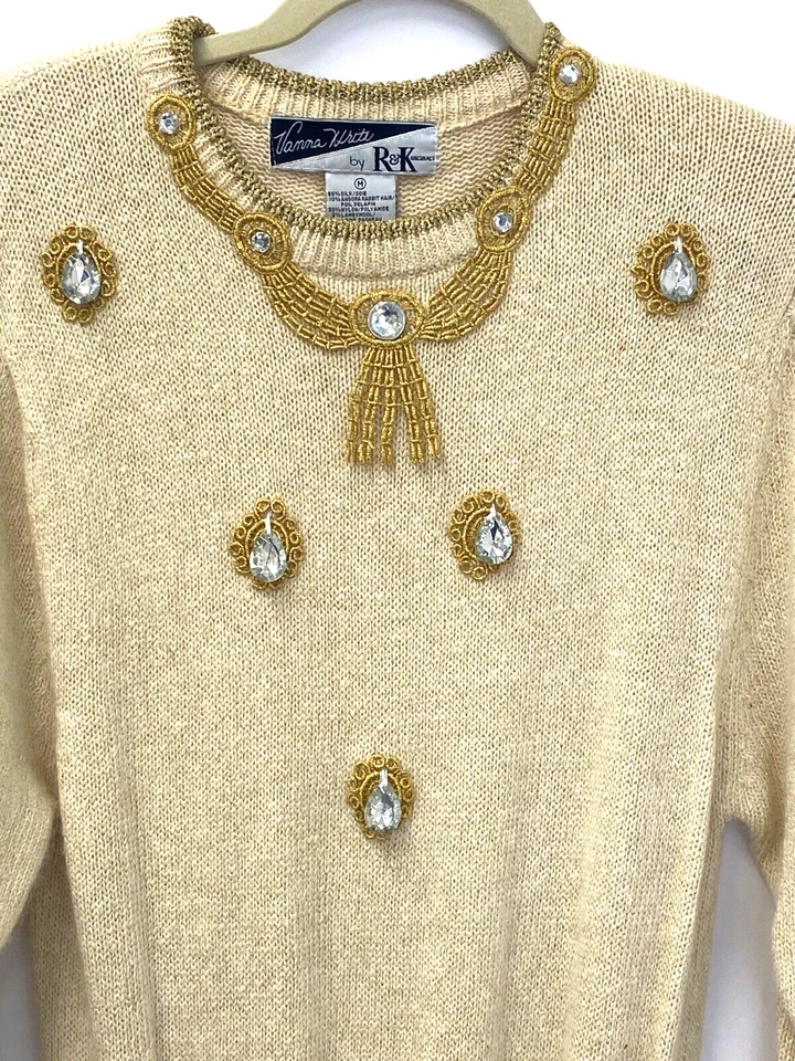 Vintage Vanna White R&K Originals Sweater Knit Blouson Dress Size M Champagne - Imagem 2 de 4