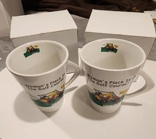 Set Of 2 - "A Woman's Place Is On The Golf Course" Porcelain Coffee Mugs Cups 