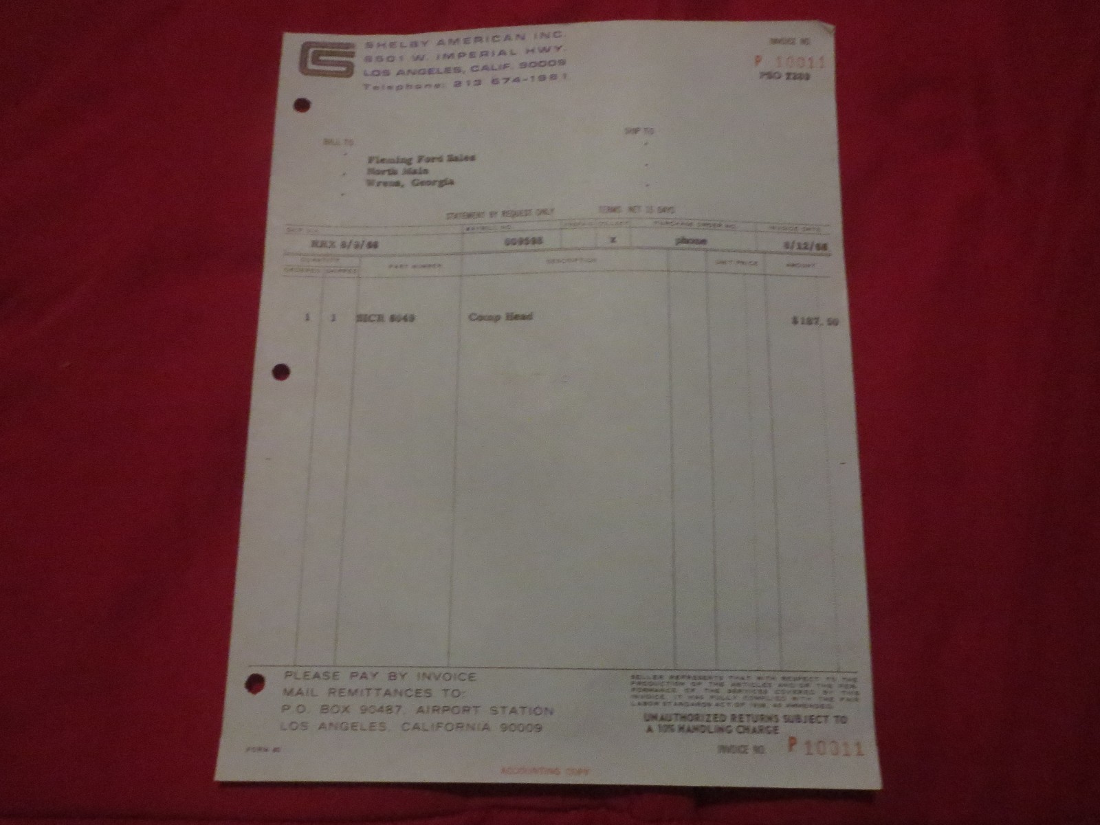 1966 SHELBY INVOICE TO FLEMING FORD SALES WRENS GEORGIA