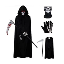 Halloween Grim Reaper Costume Scary Ghost Cosplay Props Kid Adult Size 4 Pcs Set