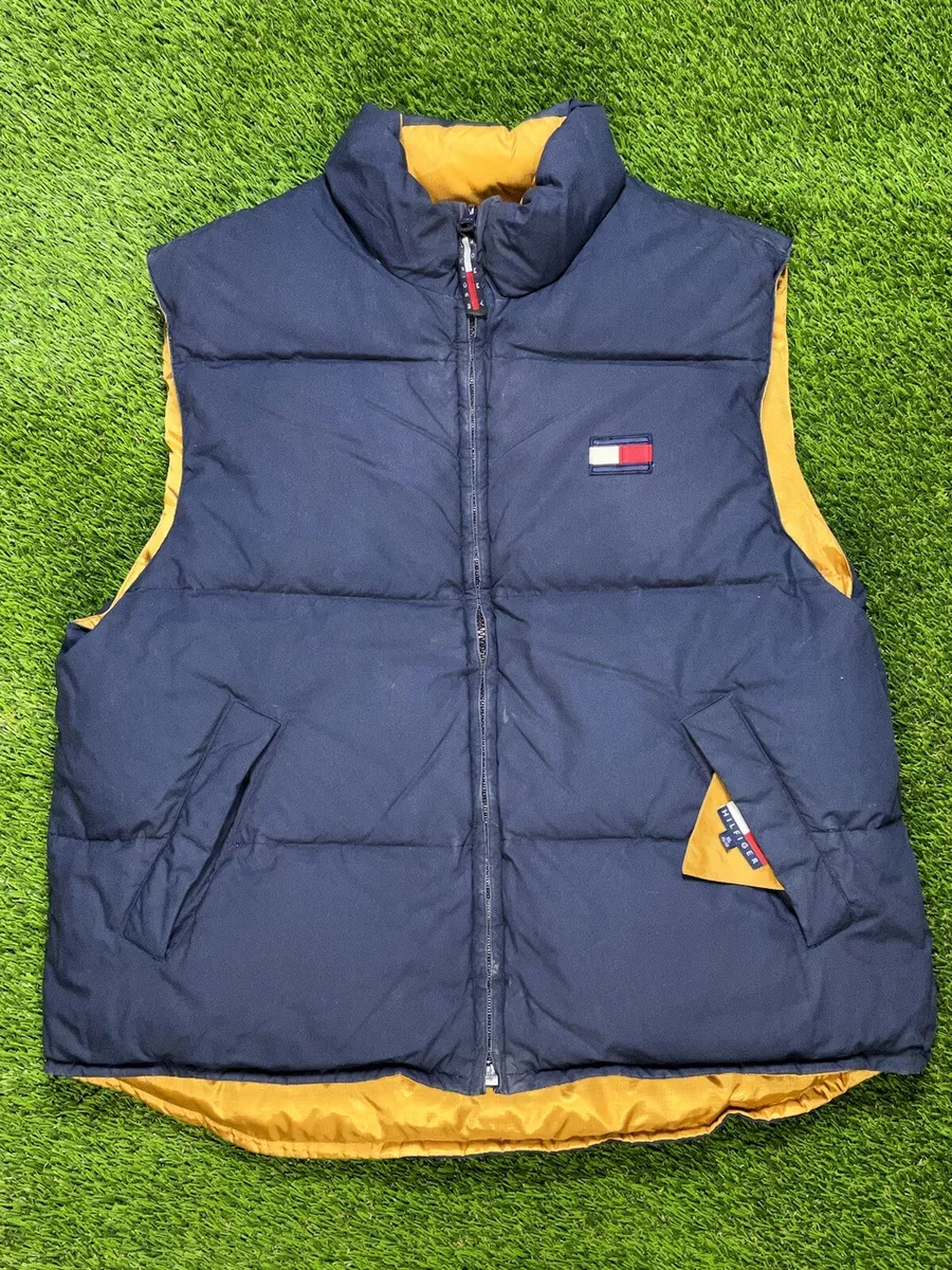 TOMMY HILFIGER GOLD BLUE Reversible Down Puffer Vest BIG FLAG Large 90 s Vintage