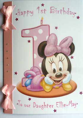 Personalisierte handgefertigte Karte A4 Baby (Mädchen) Minnie Mouse 1. Geburtstag 