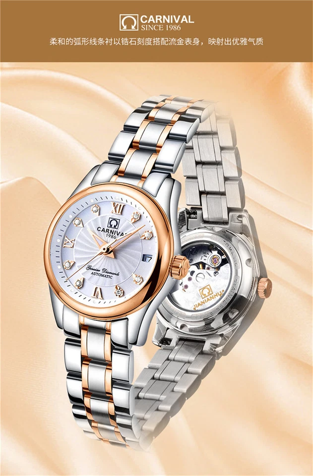 Reloj mecánico automático Carnaval para mujer 25 joyas reloj de vestir de lujo fecha Foto 4 de 4