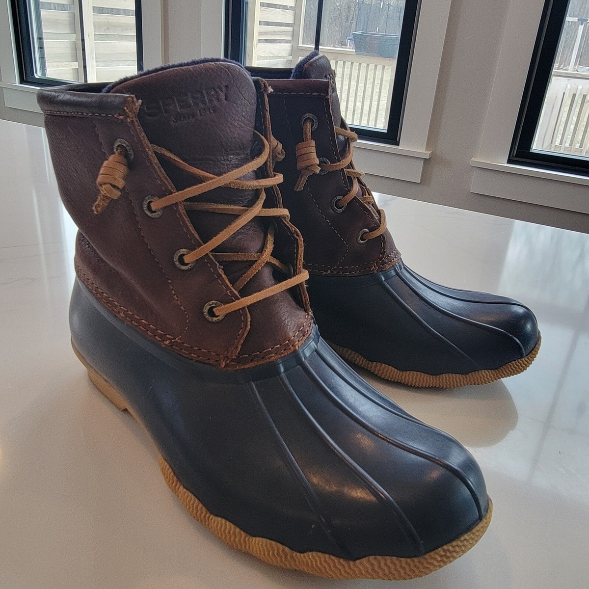 SPERRY Duck Boots 6.5 Saltwater Navy Blue Rubber Brown 