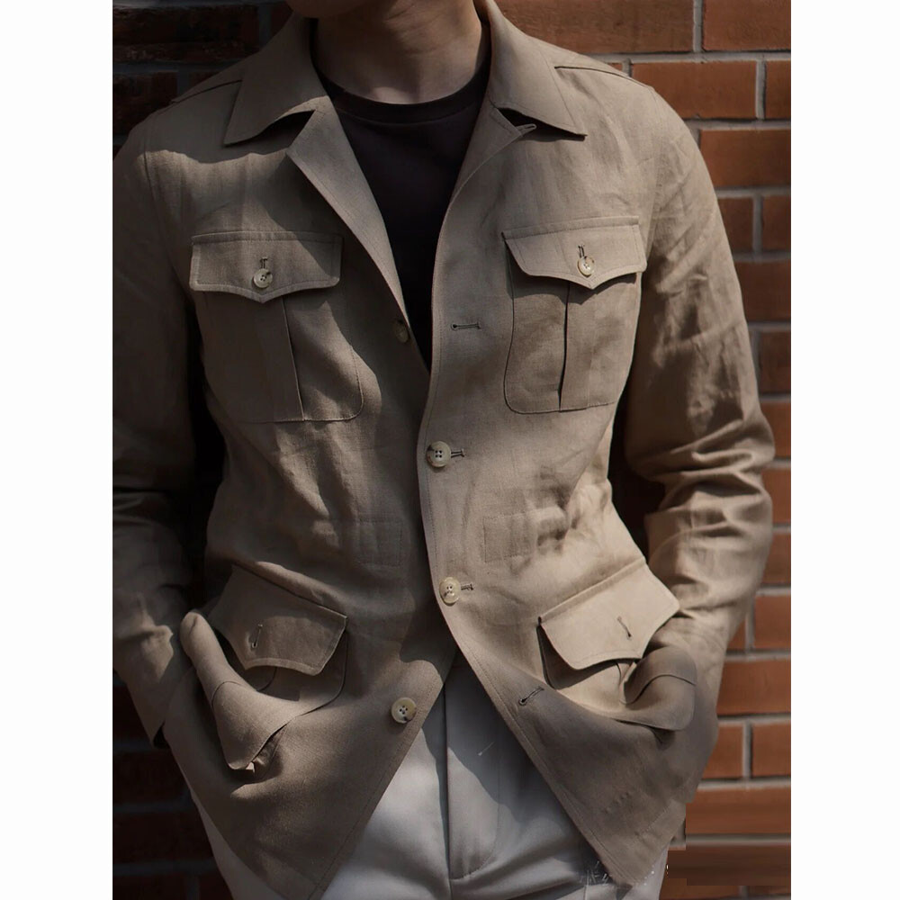 ジャケット・アウター 80s 90s   linen safari jacket Vintage Men's Linen Safari Jacket Leisure Multi Pockets