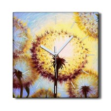 Image of Silent Wall Clock Canvas 30x30 Painting Abstract Floral Flowers Dandelions