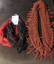 3 Total- 1 Knit Loop Scarf With Fringes And 2...