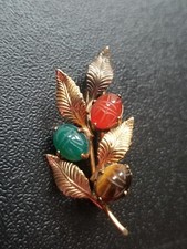 Vintage Leaf Pin With Egyptian Scarab Accents Signed WRE  1/20 14k G. F. Setting