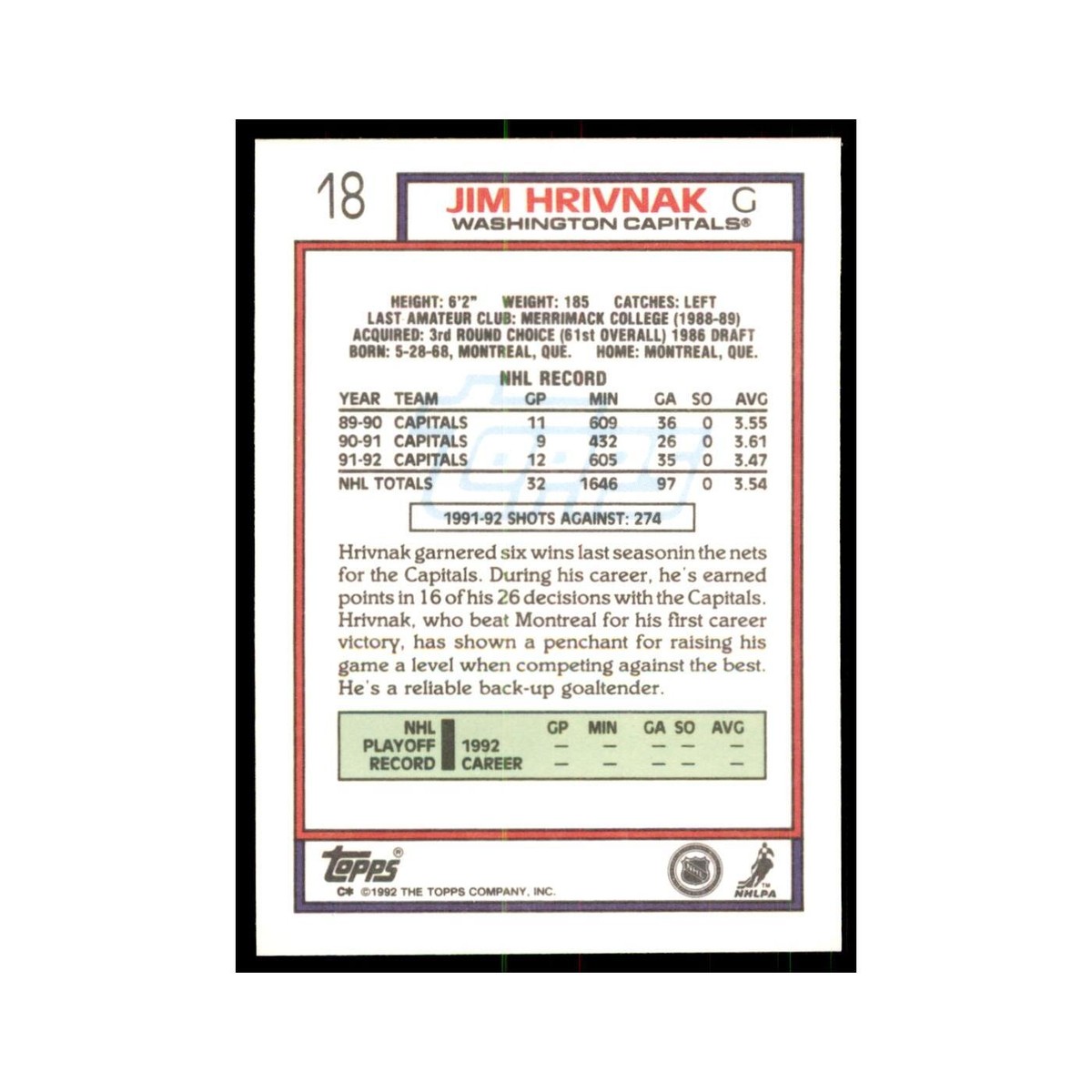 Jim Hrivnak 1992 Topps #18 Hockey Cards Hockey Card NM | eBay