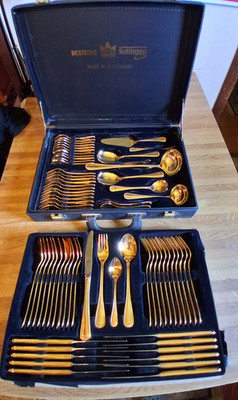~SBS-Bestecke Solingen Germany 24K Gold Plated 70pc Complete Flatware Set~