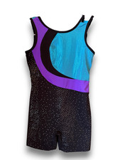 Danskin Now Girls MEDIUM 7-8 Gymnastics Dance Biketard Leotard Blue Purple Foil
