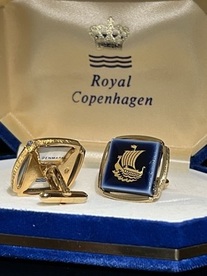 Royal Copenhagen Blue/Gold Nautical Ship Square Toggle Cufflinks Denmark