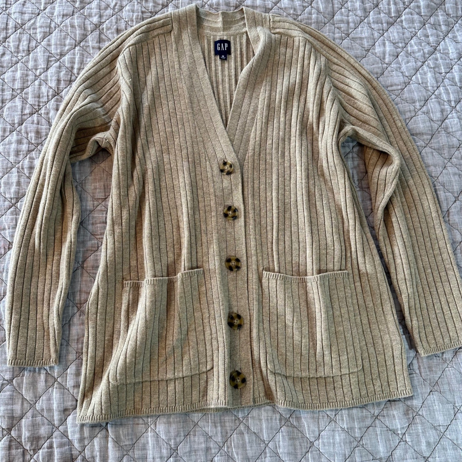 GAP Womens Ribbed Merino Wool Blend Button Front Cardigan Sweater Tan Beige Med