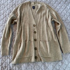 GAP Womens Ribbed Merino Wool Blend Button Front Cardigan Sweater Tan Beige Med