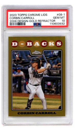 PSA 10 2023 Topps Chrome Lids Corbin Carroll 2008 Design Gold REFRACTOR RC POP 4