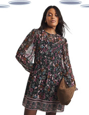 Ex Simply Be Floral Border Print Shirred Skater Dress Volume Sleeve Womens