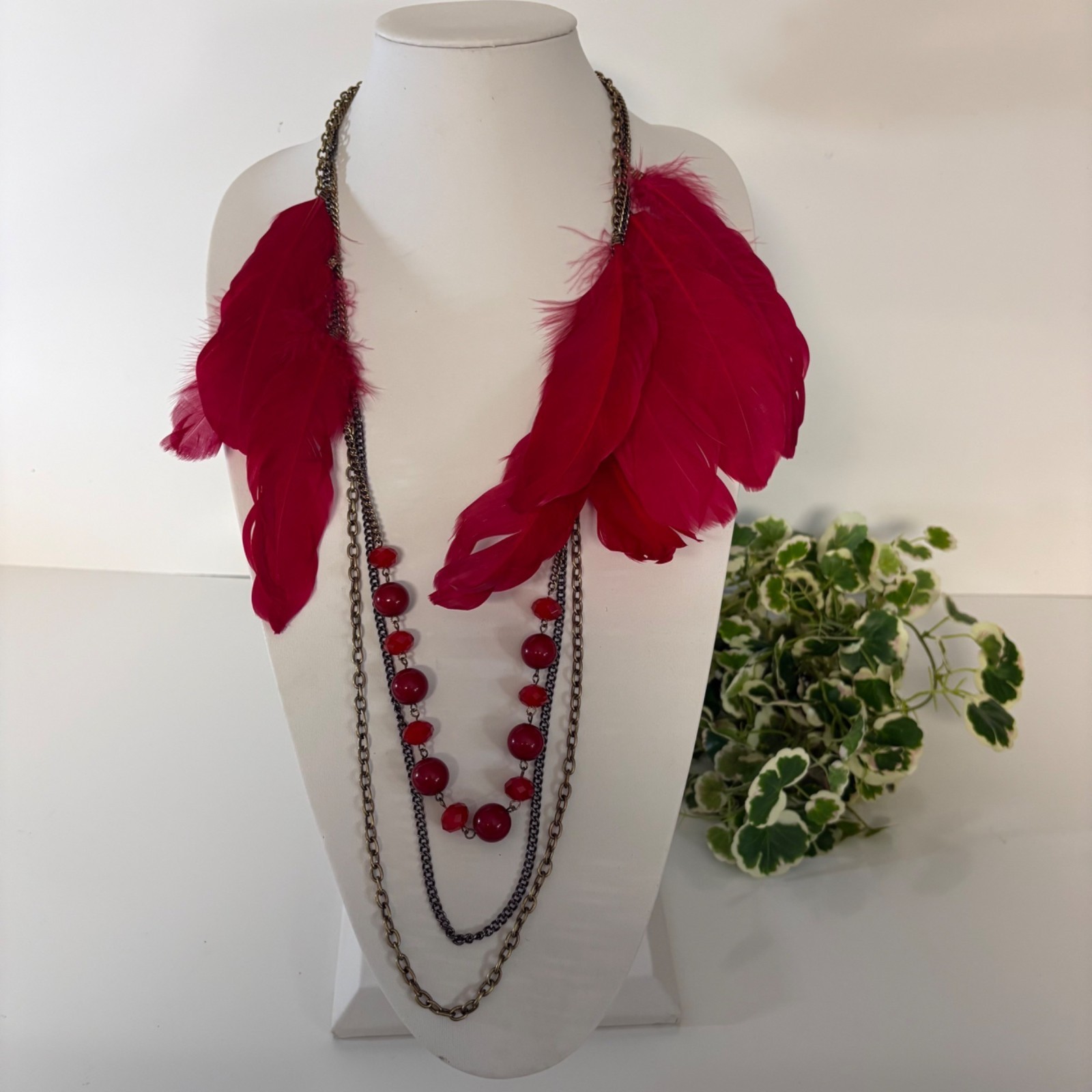 Multilayer Red Feather and Beaded Statement Neckl… - image 1