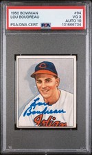 Lou Boudreau 1950 Bowman Signed Baseball Card #84. PSA 3, Auto 10.
