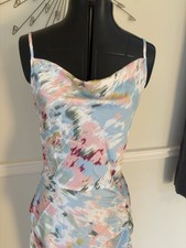 Cider Asymmetric Hem Blue Silky Floral Midi Dress Size M 10/12 New