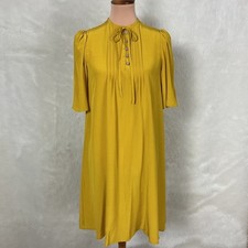 McQ Alexander McQueen Yellow Silk Rhinestone Button Pintuck Dress EU 40 US 4/6