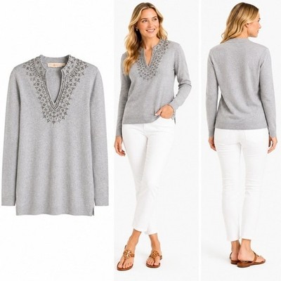 Tory Burch Sweater Womens XS Grey Embellished Split Neck Tunic Crystal Stud Knit