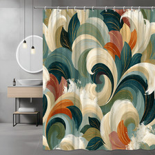 Abstract Floral Swirl Shower Curtain, Boho Leaf Print