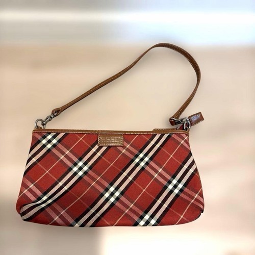 Burberry Check Canvas Leather Handbag Red Plaid Removable Strap Authentic