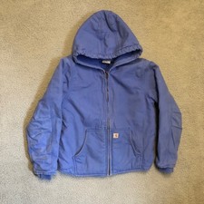 Carhartt Youth Medium Blue Sherpa Lined Canvas Hooded Jacket Workwear Faded