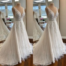 Gorgeous Wedding Dresses V Neck Lace Appliques A Line Sweep Train Bridal Gowns