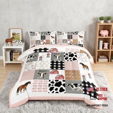 Cow Bedding Set,Farmhouse Comforter Western Country Style Room Decor Twin Pink