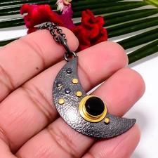 Black Onyx Crescent Moon 925 Sterling Silver Chain Pendant 18-22" Sku23