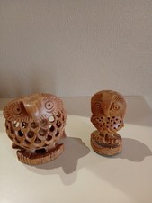 Pair Of Vintage Hand carved Wooden Miniature  OWLS One Has Baby Inside  Vgc