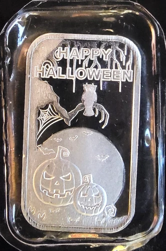 Happy Halloween Engravable Pumpkin Bat Spooky Bullion-0.999 Silver 1 Oz Art Bar