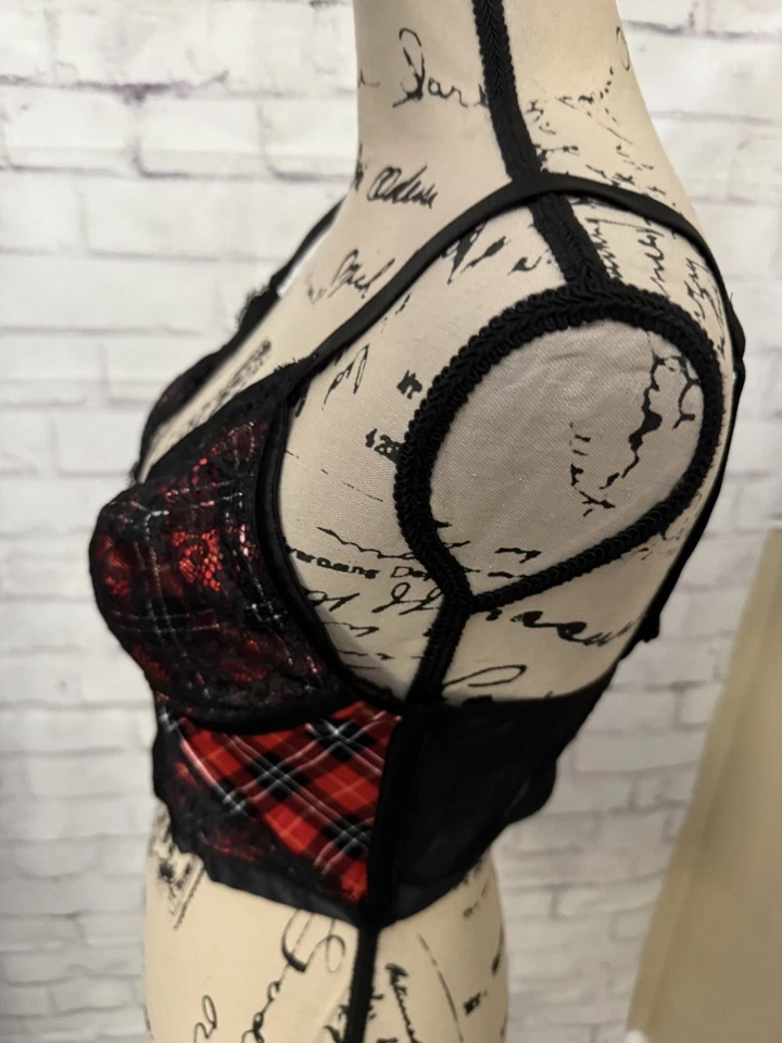 Victoria’s Secret Very Sexy Corset Bra Girly Large Red Black Plaid Lace  - Image 2 of 4
