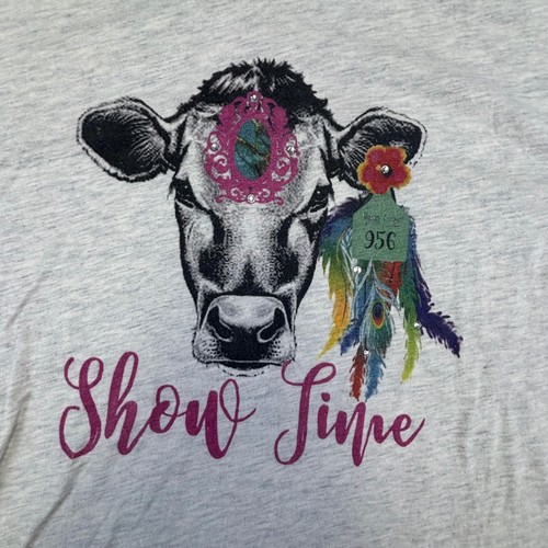 Raisin Arrows Womens XL Gray Show Time Cow Graphic Tee Short Sleeve T-Shirt