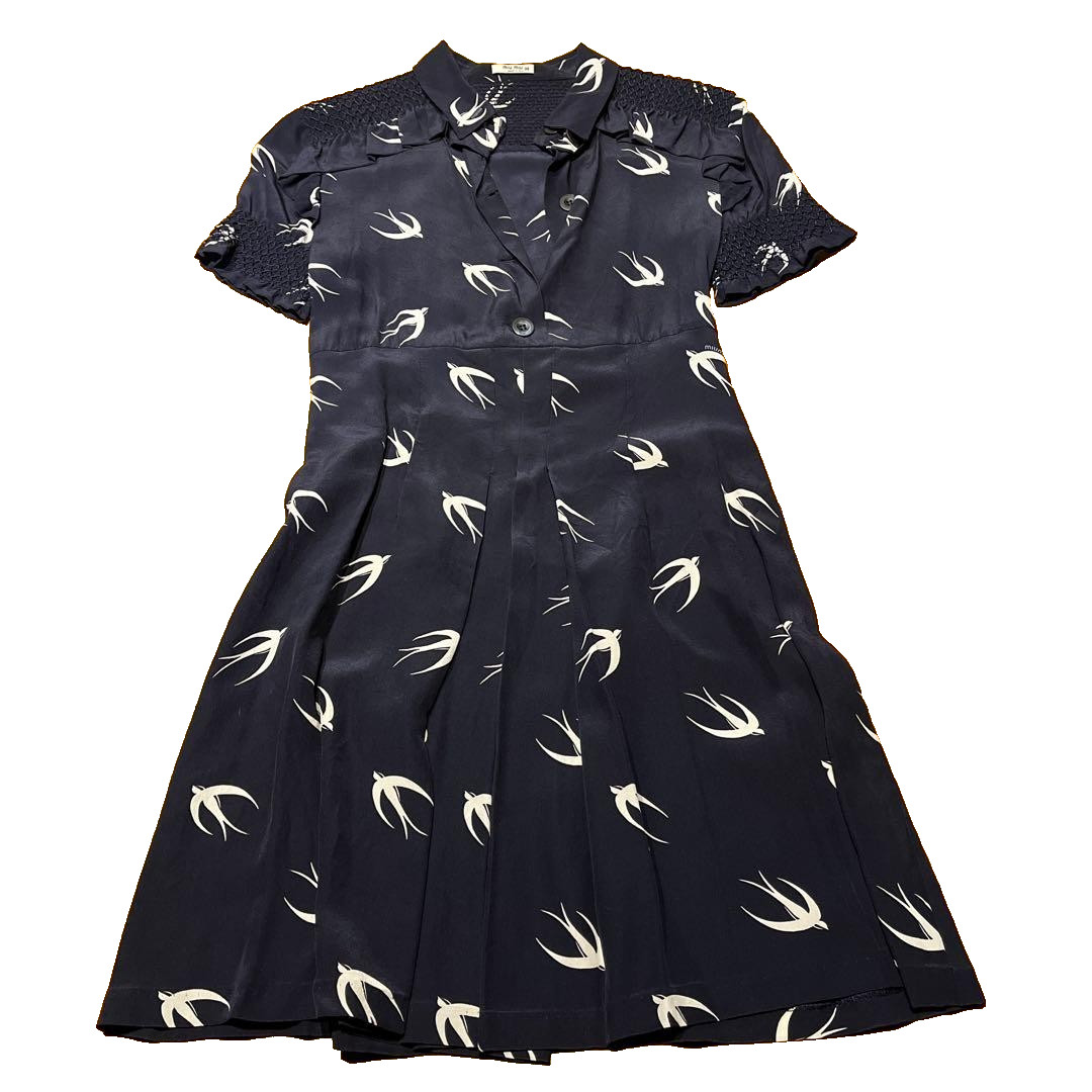 MIU MIU Dress Size 38 Knee Length Short Sleeve Swallow Pattern 83 cm　F/S