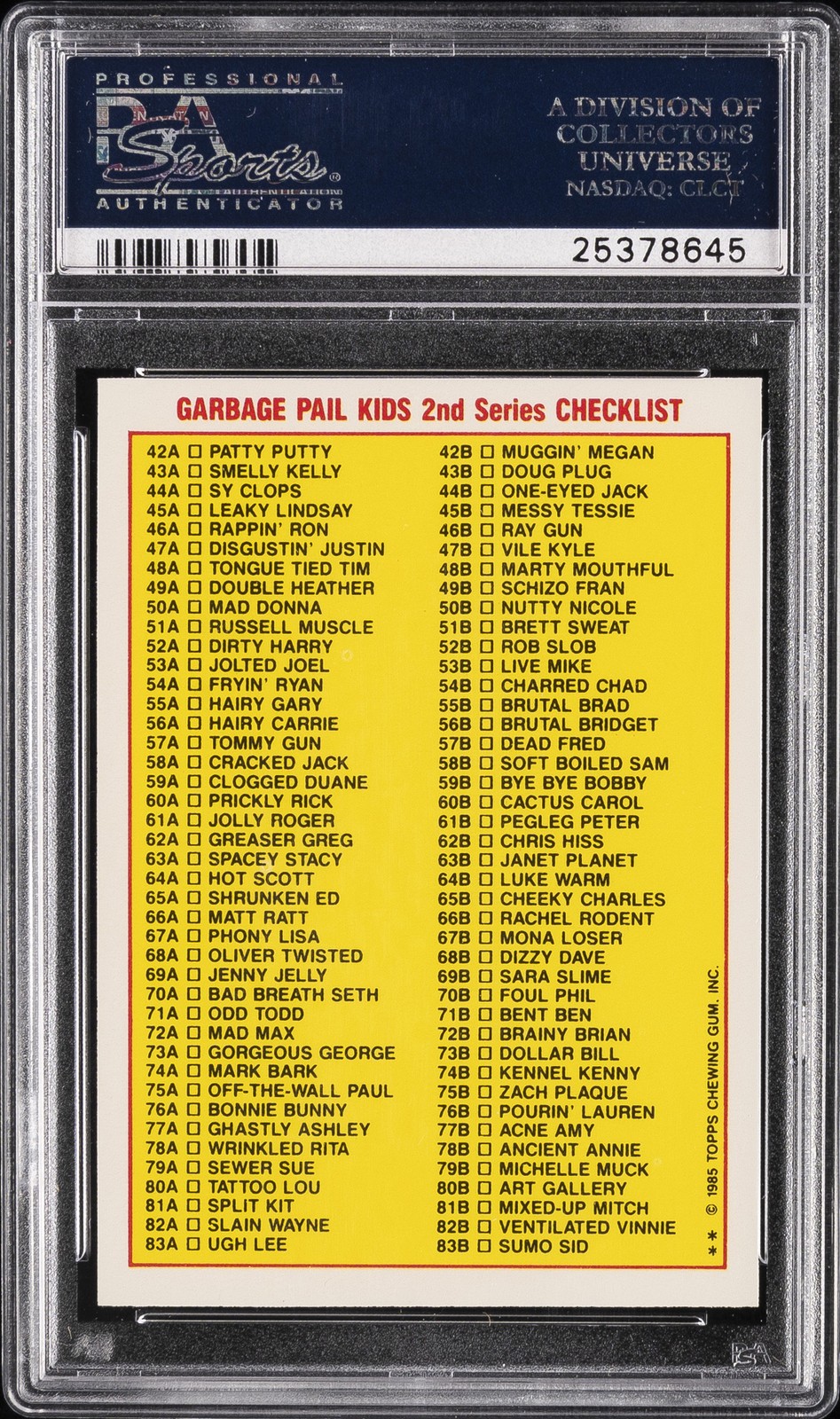 1985 GARBAGE PAIL KIDS STICKERS CHECKLIST-GLOSSY #47A DISGUSTIN' JUSTIN PSA 10 view 2