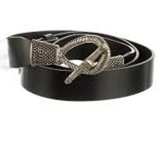 CHICOS M/L black leather belt silver-tone metal toggle closure rope hardware