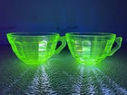 Vintage URANIUM GLASS TEA CUPS BLOCK OPTIC  GREEN DEPRESSION GLASS  Set Of 2