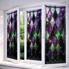 Privacy Window Film Stained Glass Window Cling Purple and Green Diamond Desig...
