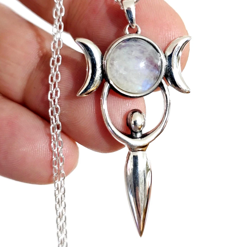 Collana con ciondolo dea pietra di luna grande tripla luna in argento 925... - Immagine 3 di 4