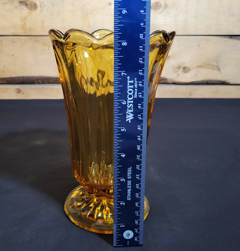Amber Glass Vase Yellow Flared Scalloped Rim Footed Vtg 8.25" Swanky Barn - Picture 3 of 12