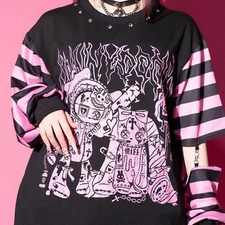 Gothic Emo Harajuku Punk Rock Rave T-Shirt – with Detachable Arm Warmers L