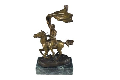 Vintage Native American Indian Horseback Western Bronze Brass Statue Marble Base