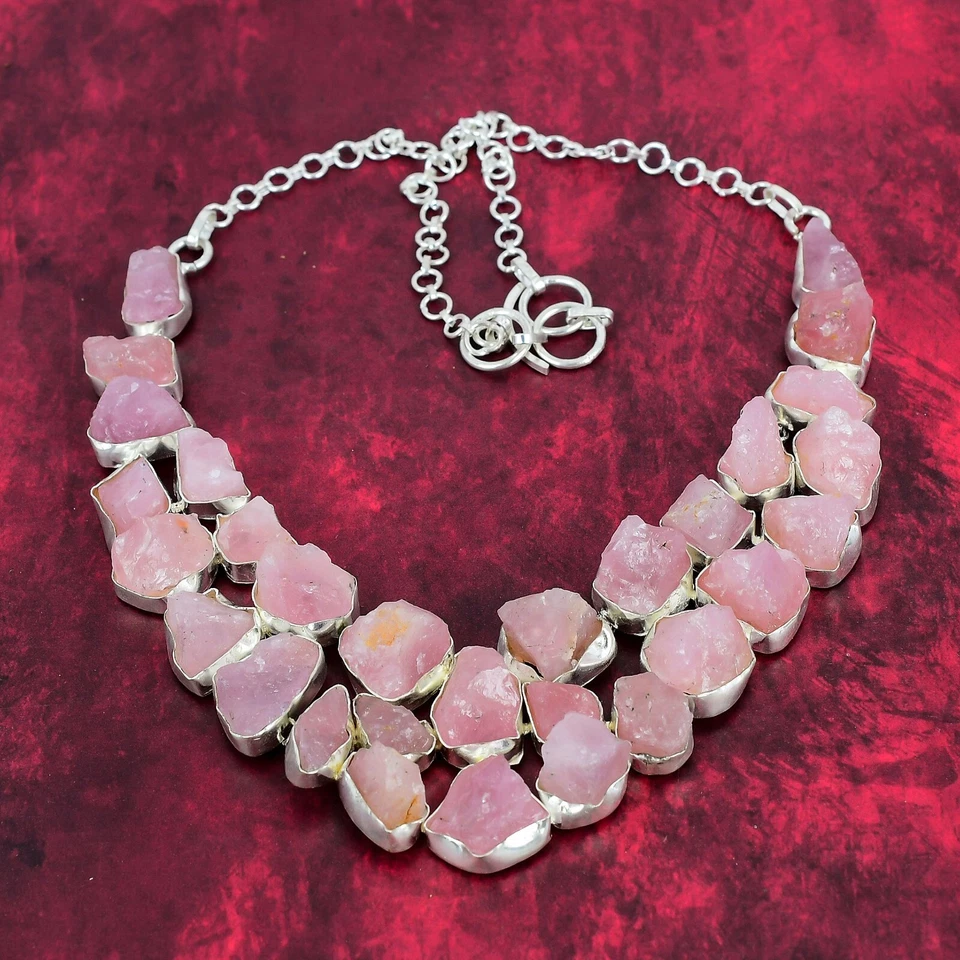 Precioso collar de joyería de plata de ley 925 hecho a mano con piedras preciosas de cuarzo rosa áspero Foto 4 de 4