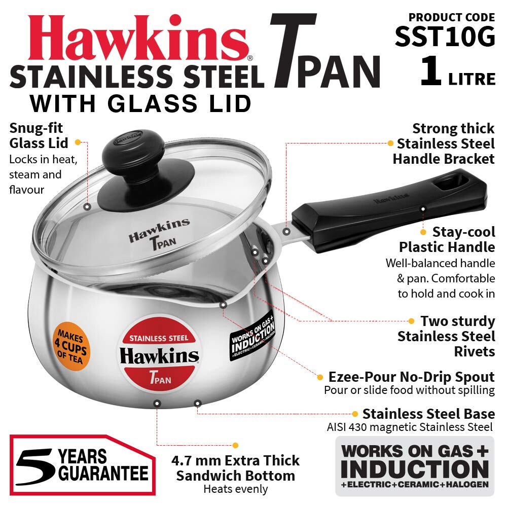 Hawkins Litre Stainless Steel Tpan With Glass Lid, Induction