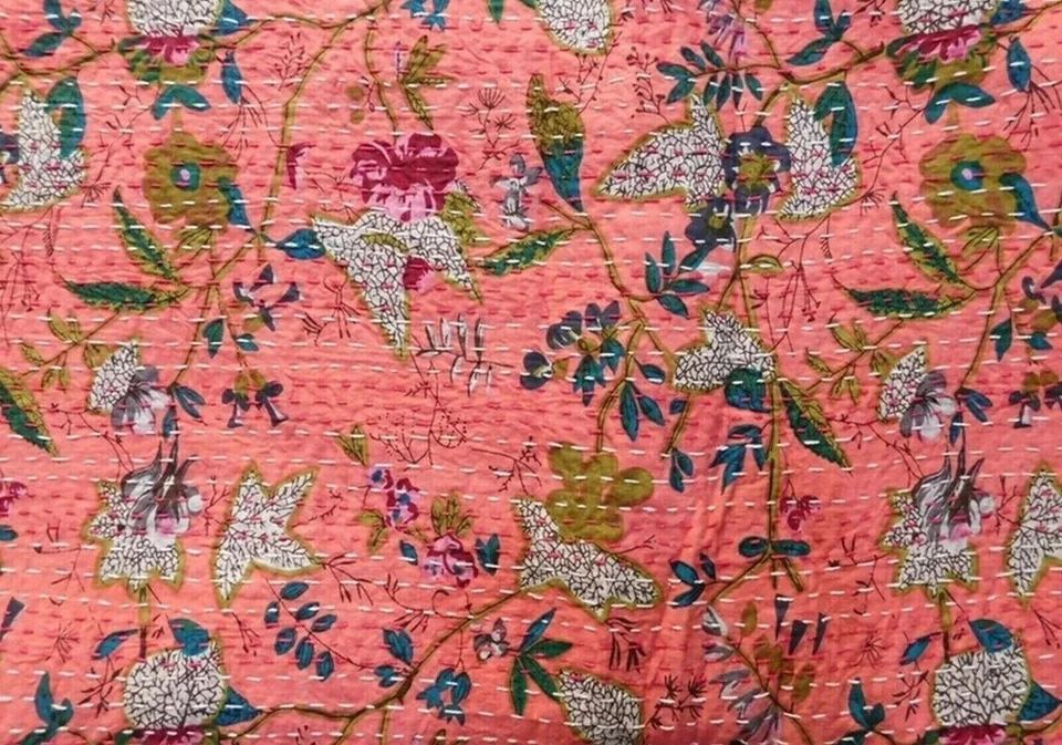 Colcha edredón bohemio Kantha india hecha a mano 100 % algodón Foto 2 de 4