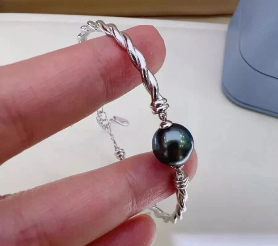 Impresionante 10-11mm Tahitiano Redondo Negro Verde Perla Pulsera 7.5-8" Suntuoso Regalo Foto 3 de 4