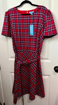 New Draper James Love Circle Angie Check Bow Waist Red Plaid Dress Size 24